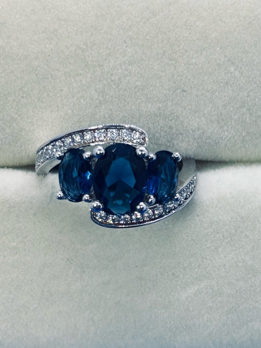 Blue Triple-Stone Crystal Ring - Silver Band